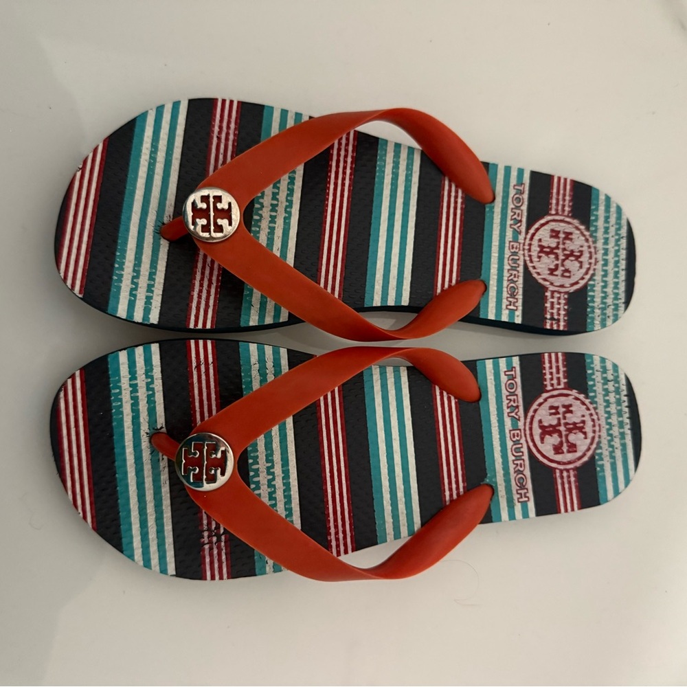 Tory Burch Multicolor Striped Sandals with Red Straps